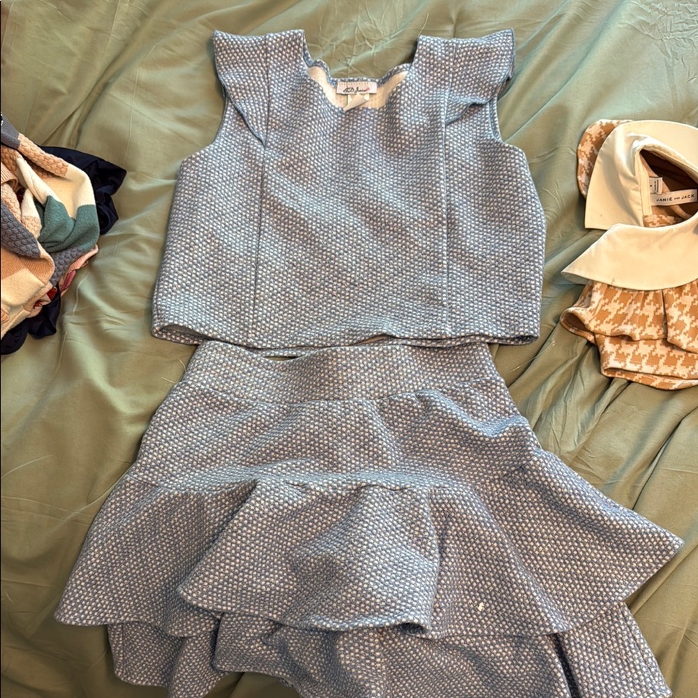 Blue Textured Sleeveless Top and Skirt Set